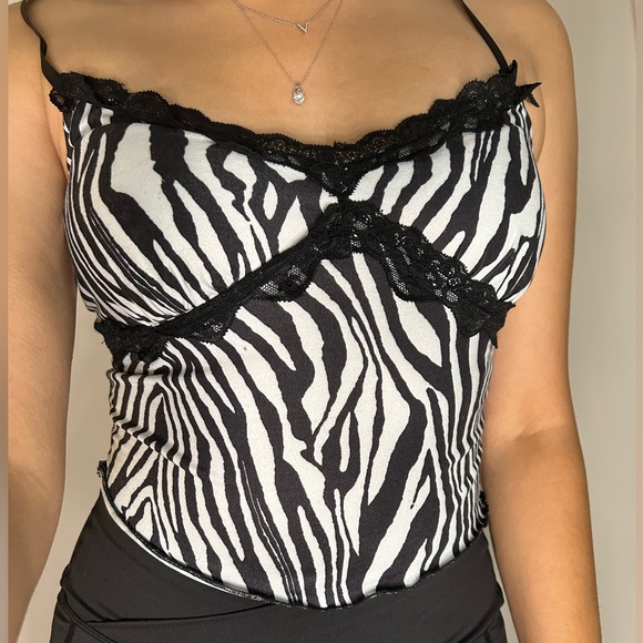 Fun Zebra Print Lacey Accent Thin Strap Crop Top - Picture 1 of 3